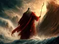 Moses, the biblical prophet, parts the Red Sea with his staff, leading his people to freedom.