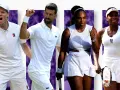 Tenistas celebran victoria. Novak Djokovic, Serena y Venus Williams, y otro jugador, listos para la acción cuando juega sinner.