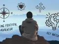 A person sits on a mountaintop, contemplating how to get unstuck. Icons represent direction, heart, choices, and ideas.
