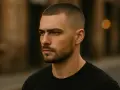 Hombre con un corte de pelo buzz cut y barba cuidada, mirando a lo lejos con expresión seria.
