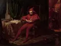 Smutny Stańczyk w czerwonym stroju siedzi w fotelu, zamyślony. Obraz Jana Matejki.