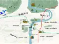 Illustrated map of Prague showing districts, landmarks like Prague Castle, Old Town, and an airport route.