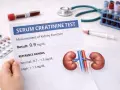 Wynik badania kreatynina 0.9 mg/dL, wskazujący na prawidłową funkcję nerek. Obok wyniki badań, próbki krwi i stetoskop.
