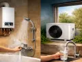 Un calentador de agua y una unidad exterior de aire acondicionado. El agua caliente fluye en una bañera y un vaso se llena en una cocina.