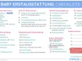 Checkliste für die Baby Erstausstattung: Kleidung, Pflege, Wickeln, Schlafen, unterwegs, Mahlzeiten & Notizen.
