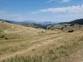 Ampia vallata con erba secca e un sentiero tortuoso che sale verso il passo fittanze. Montagne sullo sfondo sotto un cielo azzurro con nuvole bianche.