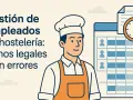 Chef sonriente junto a un horario de turnos y un reloj. Gestión de empleados en hostelería: turnos legales y sin errores.