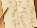 Carnet de croquis ouvert avec des esquisses de danseurs au crayon. Un crayon repose sur la page, offrant un conseil dessin pour capturer le mouvement.