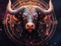 Majestatyczny byk, symbol znaku zodiaku Byk, w ozdobnej zbroi i z kosmicznym tłem.