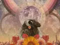 Baran z rogami, ozdobiony kwiatkiem, pod znakiem zodiaku i księżycem. Mars w Baranie symbolizuje energię i odwagę.