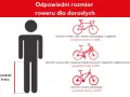 Jak zmierzyć przekrok, by dobrać rower? Grafika pokazuje, jak obliczyć rozmiar roweru szosowego, trekkingowego i górskiego na podstawie wysokości kroku.