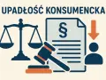 Grafika symbolizuje upadłość konsumencką. Widoczne są waga sprawiedliwości, paragraf na dokumencie, młotek sędziowski i sylwetka osoby. Wniosek o upadłość konsumencką opłata jest kluczowa.
