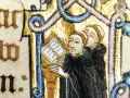 Illuminated manuscript shows Benedictine monks studying a book, illustrating how Benedictine monks spent their time in prayer and learning.