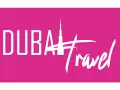 Logo z napisem "DUBAI Travel" i sylwetką Burdż Chalify. Planujesz podróż do Zjednoczonych Emiratów Arabskich? Wiza do Dubaju czeka!