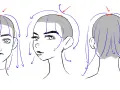 Croquis de cheveux montrant la direction des mèches sur trois vues d'une tête. Les flèches bleues indiquent le flux, les flèches rouges le point de départ.