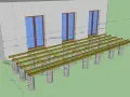 Projekt tarasu z widocznymi legarami i słupkami fundamentowymi. Wymiary konstrukcji podane w metrach.