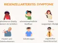 Symptome der Riesenzellarteriitis: Kopfschmerzen, schmerzempfindliche Kopfhaut, Fieber, Müdigkeit, Muskel-/Gelenkschmerzen, Sehstörungen, ungewollter Gewichtsverlust.