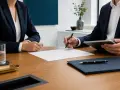 Biznesmeni przy stole, jeden podpisuje umowę B2B, drugi trzyma tablet.