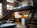 Luminoso loft con soppalco altezza 3 metri, letto, cucina moderna, divano blu e scale in metallo.