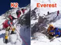 Bergsteiger am K2, wo die K2 Todesrate hoch ist, und am Everest. Extreme Bedingungen, steile Hänge, Seilsicherungen.
