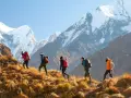 A group of five people trekking up a grassy slope towards majestic snow-capped mountains. This is a true adventure, a step beyond simple hiking.