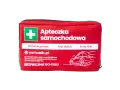 Czerwona apteczka samochodowa z białym krzyżem i napisem "Apteczka samochodowa".