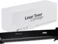 Czarny toner TN213 do drukarki laserowej, zapakowany w białe pudełko z napisem "Laser Toner Cartridge". Certyfikaty ISO i CE.