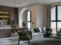 Un soggiorno con cucina open space, un divano moderno e un tavolo da pranzo. L'arredamento casa moderno crea un ambiente accogliente.