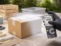 Peinture acrylique sur carton : une main gantée pulvérise de la peinture blanche sur une boîte en carton.