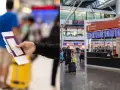 Ręka trzyma paszport i kartę pokładową na tle lotniska. W tle tablica odlotów i ludzie z bagażami.