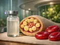 Vial med B12-lösning bredvid tvärsnitt av nervfiber med röda blodkroppar, illustrerar neurologiska symtom vid B12-brist.