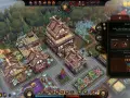 Vista isométrica de un asentamiento en un juego de **juegos de gestión pc**. Se aprecian edificios de madera, un huerto y un menú de información del "Clan Hall".