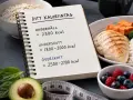 En anteckningsbok visar hur många kalorier per dag kvinna behöver för underhåll, underskott och överskott. Bredvid finns mat som kyckling, ris, grönsaker, bär och avokado.