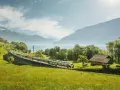 A train travels through a lush green valley, with a lake and mountains in the background. This scenic route from Lucerne to Montreux offers breathtaking views.