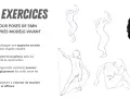 Cinq exercices pour le dessin de nu d'après modèle vivant, montrant des croquis de poses dynamiques et une silhouette sombre.