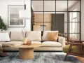 Gemütliche wohnideen wohnzimmer: Beige Sofa, Holztisch, grüner Sessel und eine offene Küche hinter Glas.