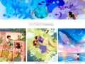Alice, une artiste, crée des illustrations vibrantes, dont une scène de marché de fruits et une jeune fille peignant une baleine volante.