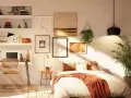 Acogedor dormitorio con cama sin cabecero, escritorio y estanterías llenas de arte y objetos decorativos.
