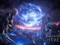 Un guerrero con túnica mira un vórtice azul brillante en el cielo. En el primer plano, un caballero con armadura se enfrenta a un enemigo imponente. Elden Ring Nightreign.