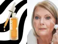Butelka serum Bioliq PRO i starsza kobieta aplikująca kosmetyk pod oczy.