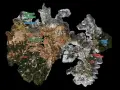 Mapa świata Horizon Zero Dawn z zaznaczonymi lokacjami, takimi jak Thunderheads, Metallurgic, Sterling-Malket, Jomei, Odyssey, Faro, Miriam, USRC, KZ, DroneHop, Wayfarers i Łuki.