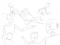 Esquisse d'un bonhomme dessinant des poses variées, certaines assises, d'autres allongées ou en mouvement.