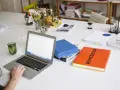 Escritorio con portátil, libros y flores. Un espacio de trabajo que parece una copistería por la cantidad de documentos y la organización.