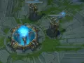 Widok z lotu ptaka na mapę gry League of Legends z wieżami i niebieskim kryształem.