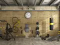 Ett välutrustat gym i garaget med vikter, boxningssäck, cykel och träningsbänk.
