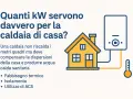 Caldaia di casa: quanti kW servono? L'immagine illustra una casa, una caldaia e un termometro, suggerendo che la potenza della caldaia dipende da fabbisogno termico, isolamento e uso ACS.