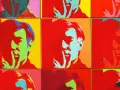 Série d'autoportraits d'Andy Warhol en sérigraphie, aux couleurs vives et contrastées, évoquant le pop art.