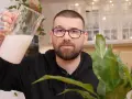 Mężczyzna z dzbankiem mlecznego płynu, przygotowuje domowy nawóz do skrzydłokwiatu.
