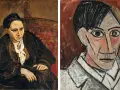 Deux portraits de Picasso, l'un d'une femme assise, l'autre d'un homme au regard intense, illustrant le cubisme.