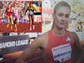 Biegaczki na bieżni, w tle logo Diamond League. Bukowiecka gotowa do startu.